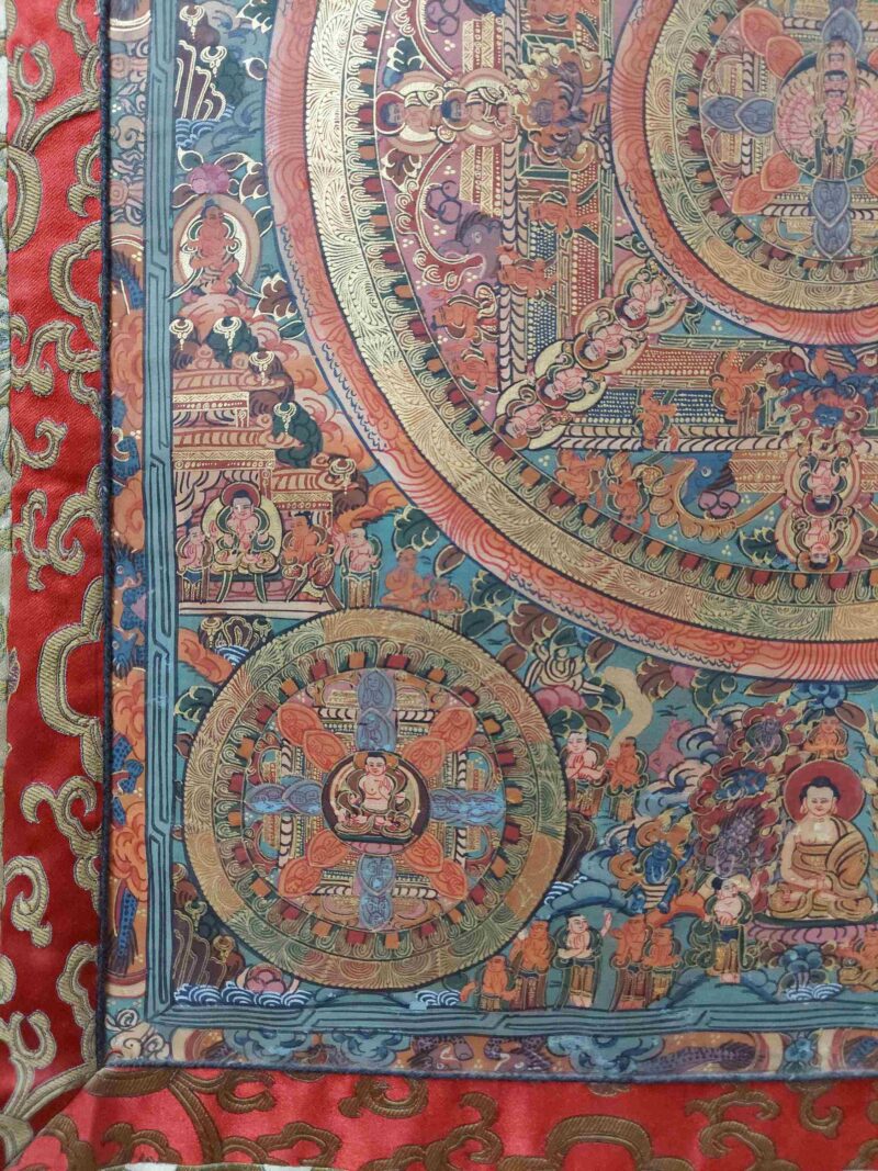 Buddhist Hand-Painted Thangka of Pancha Buddha Mandala with Polyester Brocade - Image 5