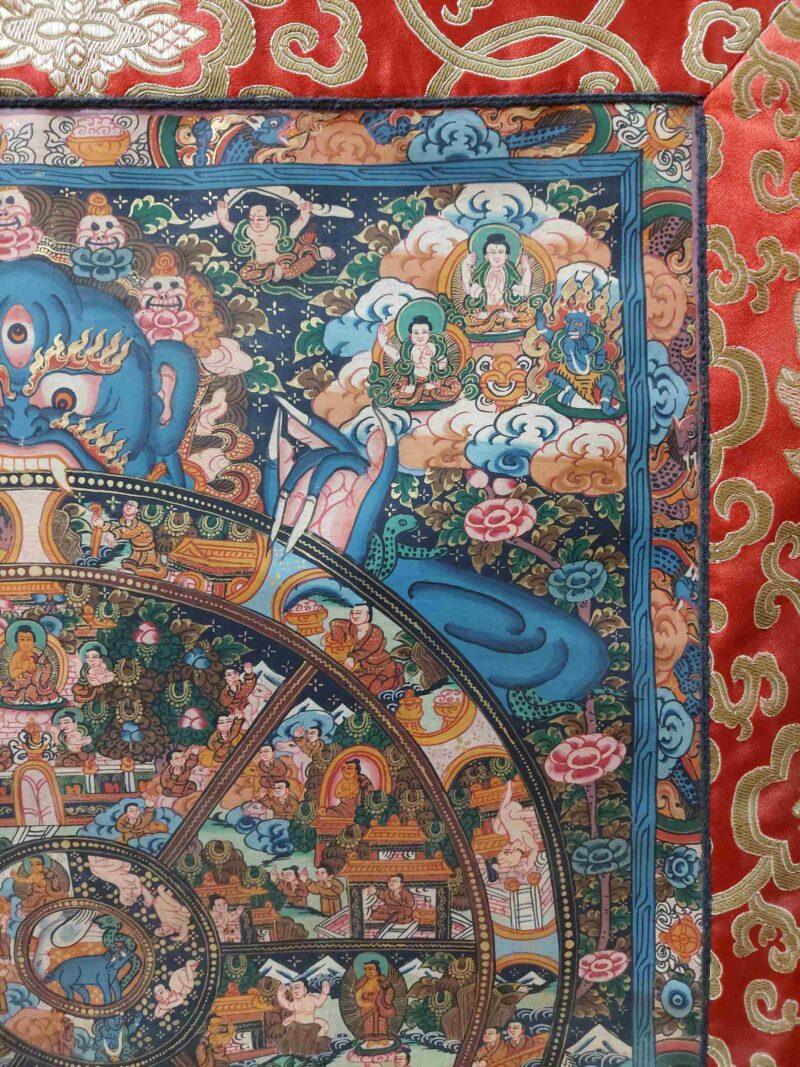 Hand-Painted Buddhist Thangka – Wheel of Life with Polyester Brocade - Image 3