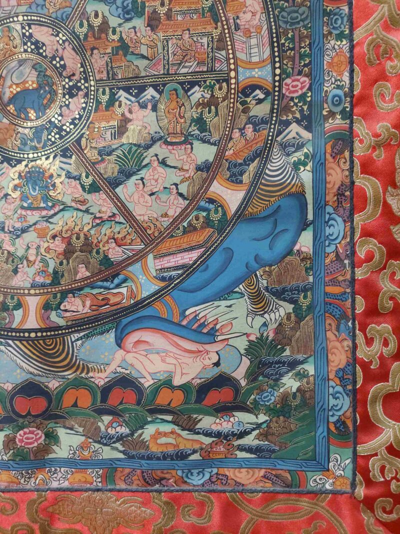 Hand-Painted Buddhist Thangka – Wheel of Life with Polyester Brocade - Image 6
