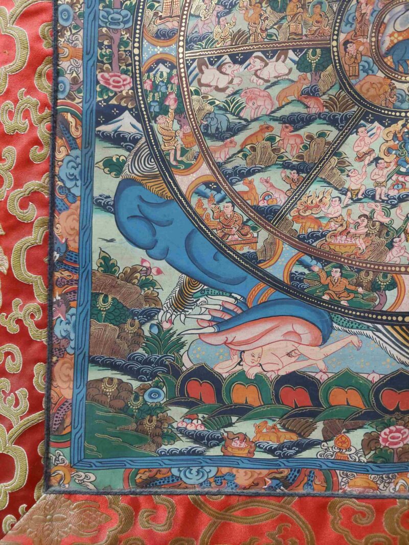 Hand-Painted Buddhist Thangka – Wheel of Life with Polyester Brocade - Image 5