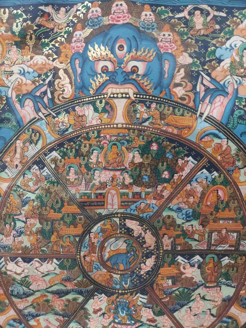 Hand-Painted Buddhist Thangka – Wheel of Life with Polyester Brocade - Image 7