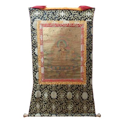 Hand-Painted Oil Thangka – White Tara with Pancha Buddha and Polyester Brocade