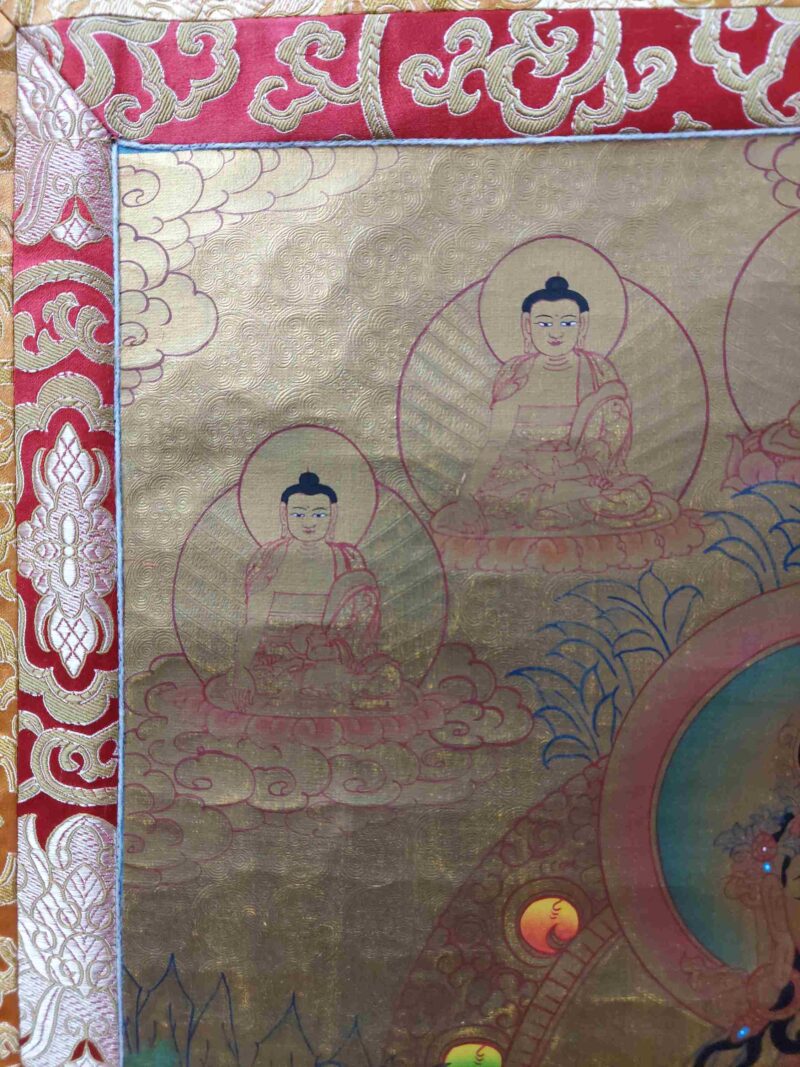 Hand-Painted Oil Thangka – White Tara with Pancha Buddha and Polyester Brocade - Image 2