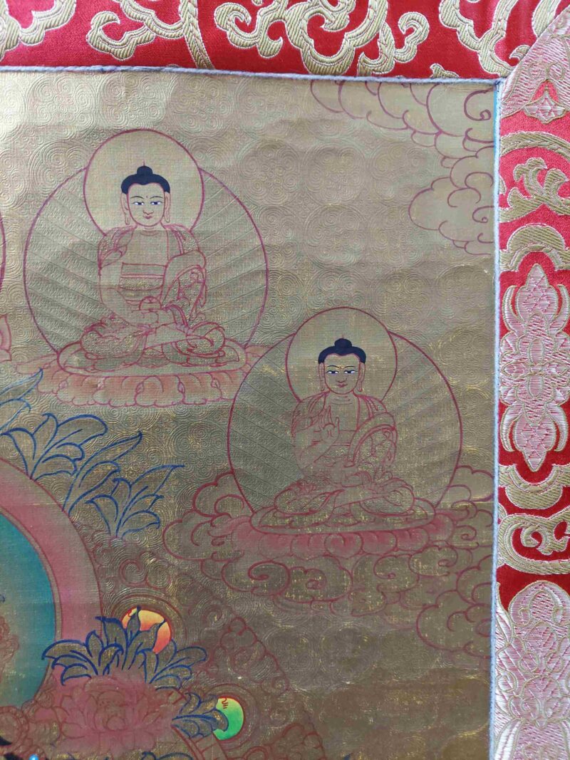 Hand-Painted Oil Thangka – White Tara with Pancha Buddha and Polyester Brocade - Image 3
