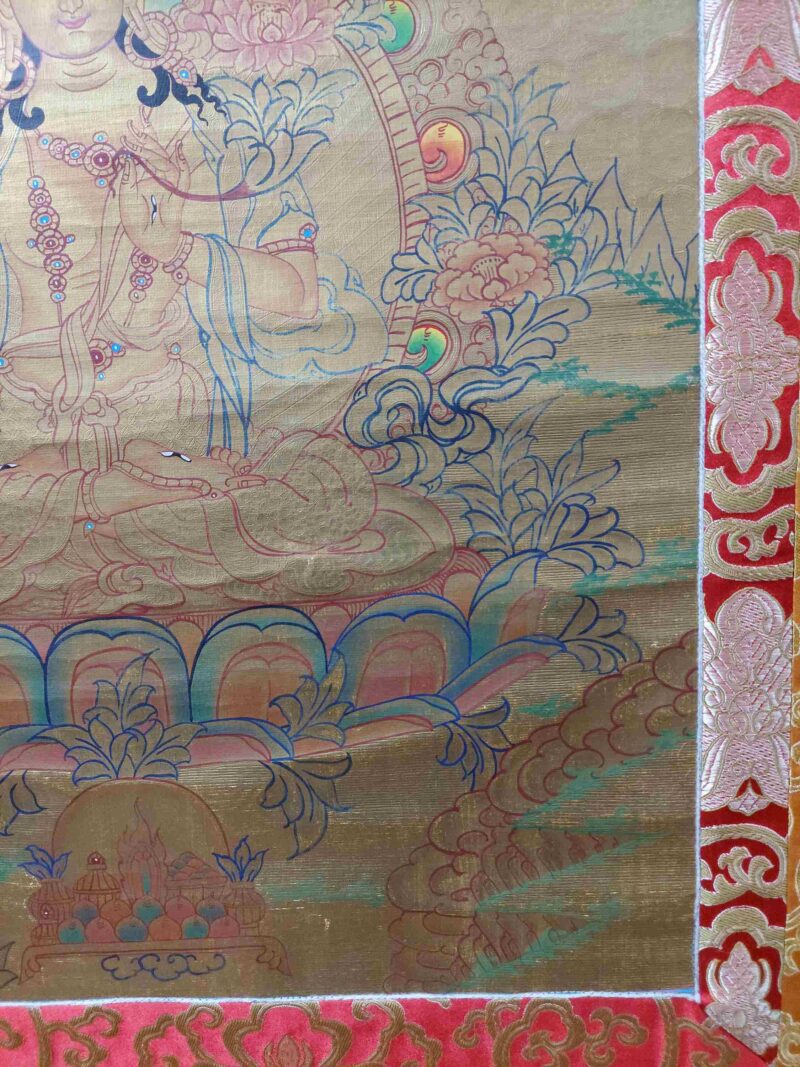 Hand-Painted Oil Thangka – White Tara with Pancha Buddha and Polyester Brocade - Image 6