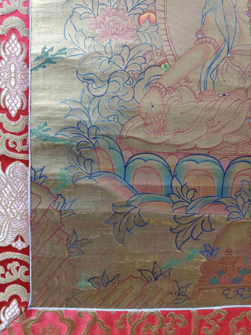 Hand-Painted Oil Thangka – White Tara with Pancha Buddha and Polyester Brocade - Image 5