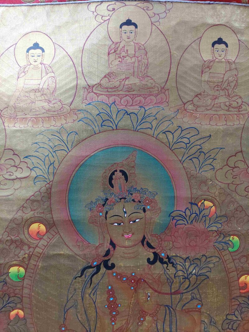 Hand-Painted Oil Thangka – White Tara with Pancha Buddha and Polyester Brocade - Image 4