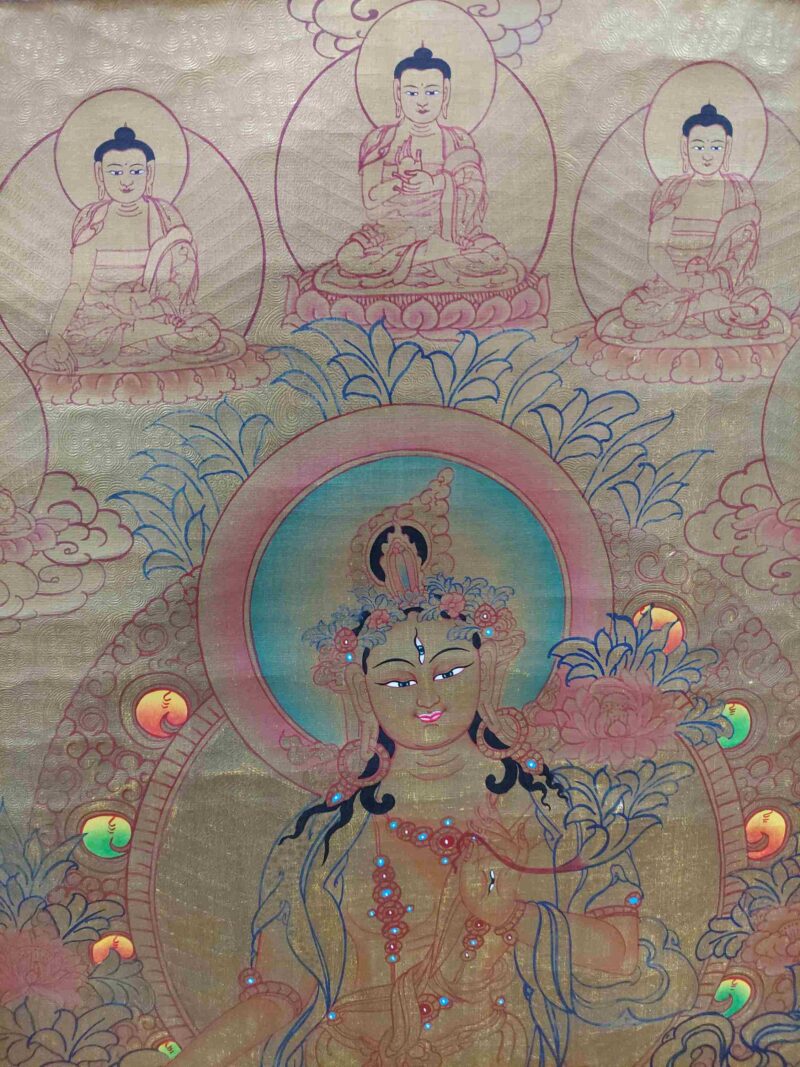Hand-Painted Oil Thangka – White Tara with Pancha Buddha and Polyester Brocade - Image 8