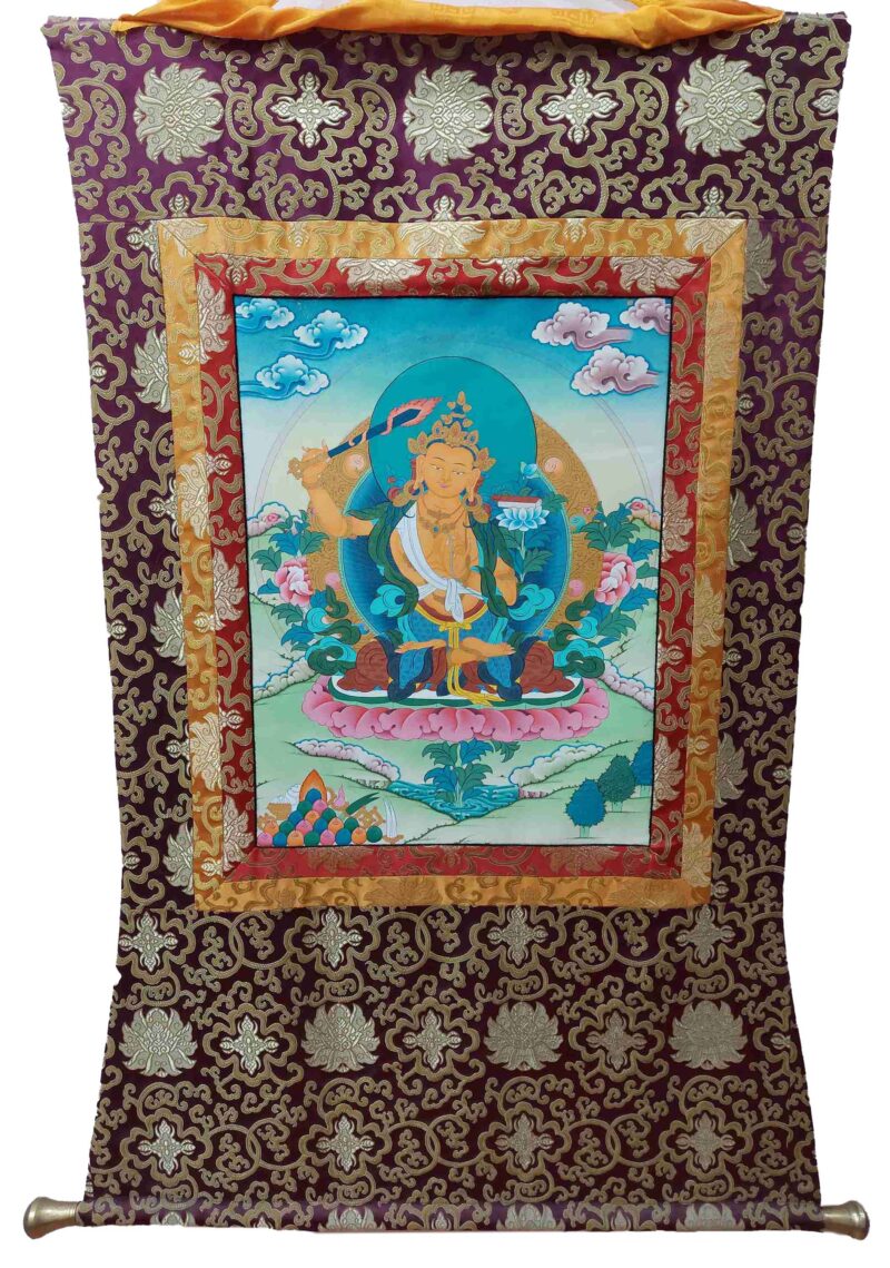 Hand-Painted Buddhist Thangka – Manjushri with Polyester Brocade - Image 4