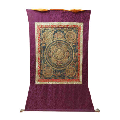Hand-Painted Buddhist Thangka – Pancha Buddha Mandala with Polyester Brocade