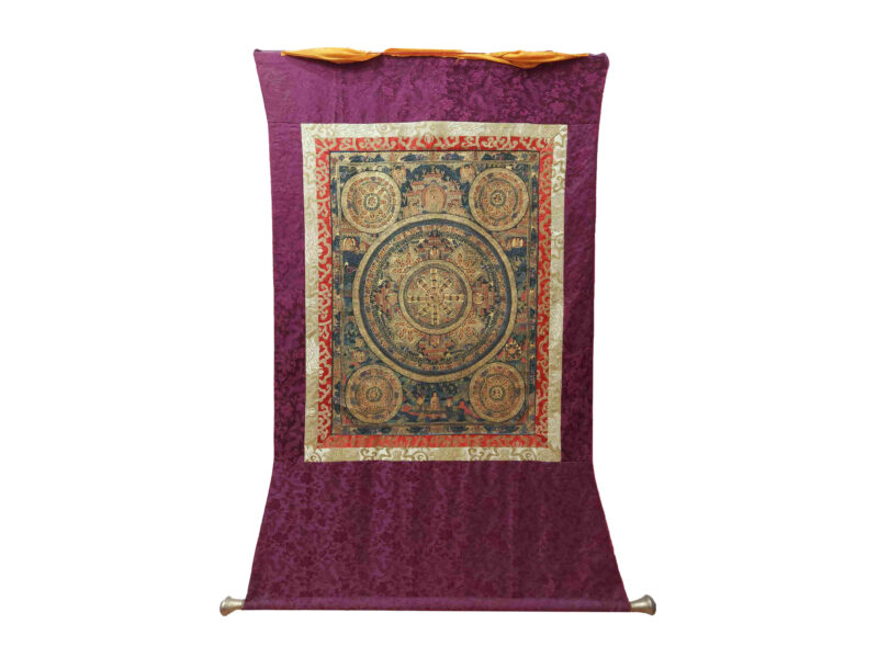 Hand-Painted Buddhist Thangka – Pancha Buddha Mandala with Polyester Brocade