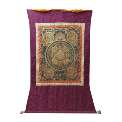 Hand-Painted Buddhist Thangka – Pancha Buddha Mandala with Polyester Brocade
