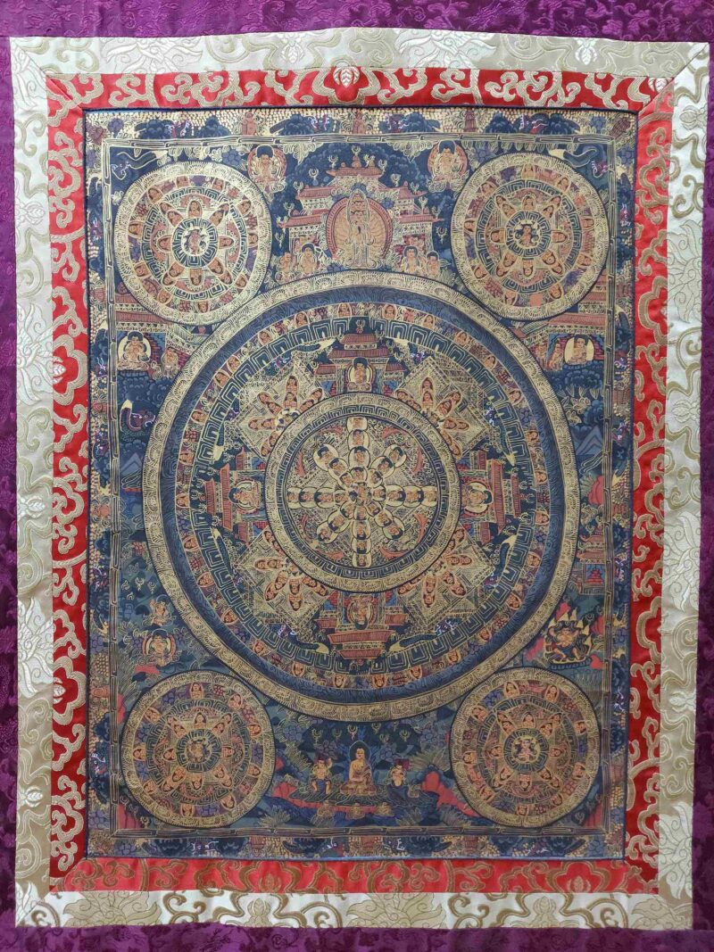 Hand-Painted Buddhist Thangka – Pancha Buddha Mandala with Polyester Brocade - Image 4