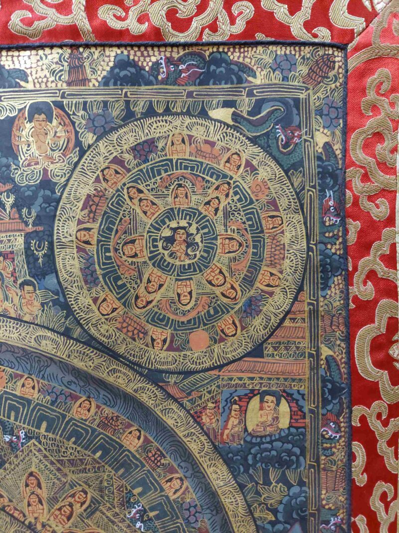 Hand-Painted Buddhist Thangka – Pancha Buddha Mandala with Polyester Brocade - Image 3