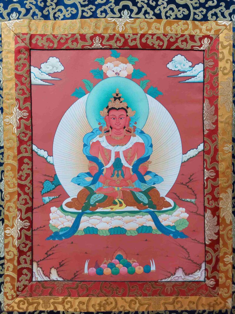 Hand-Painted Buddhist Thangka – Aparimita (Amitayus / Chepame) with Polyester Brocade - Image 4