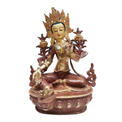 Green Tara Statue – Buddhist Handmade, Partly Gold-Plated with Face Painted