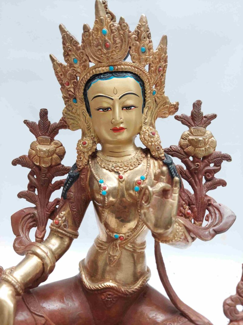 Green Tara Statue – Buddhist Handmade, Partly Gold-Plated with Face Painted - Image 3
