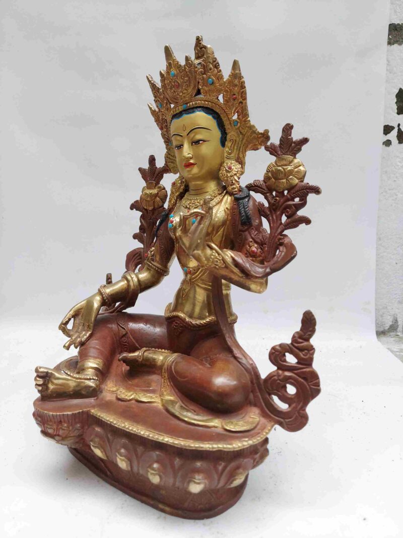 Green Tara Statue – Buddhist Handmade, Partly Gold-Plated with Face Painted - Image 4