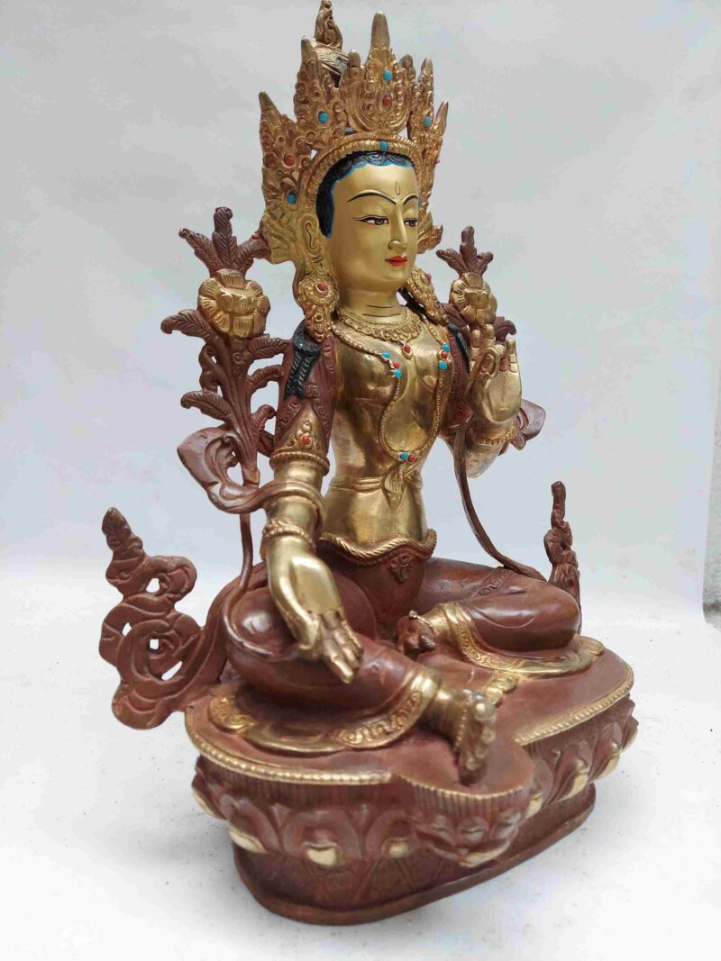 Green Tara Statue – Buddhist Handmade, Partly Gold-Plated with Face Painted - Image 2