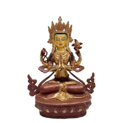 Buddhist Handmade Statue of Chenrezig – Partly Gold Plated, Face Painted