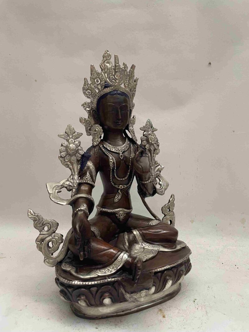 Buddhist Handmade Statue of Green Tara – Chocolate and Silver Oxidized Finish - Image 2