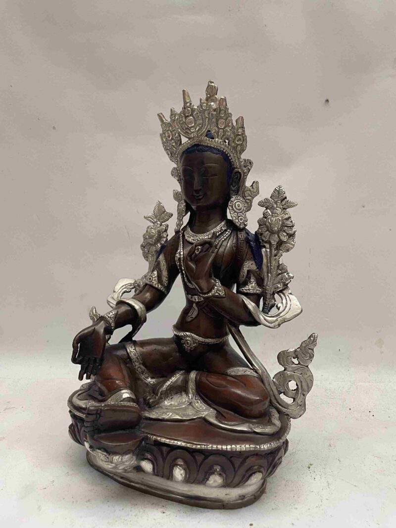 Buddhist Handmade Statue of Green Tara – Chocolate and Silver Oxidized Finish - Image 4