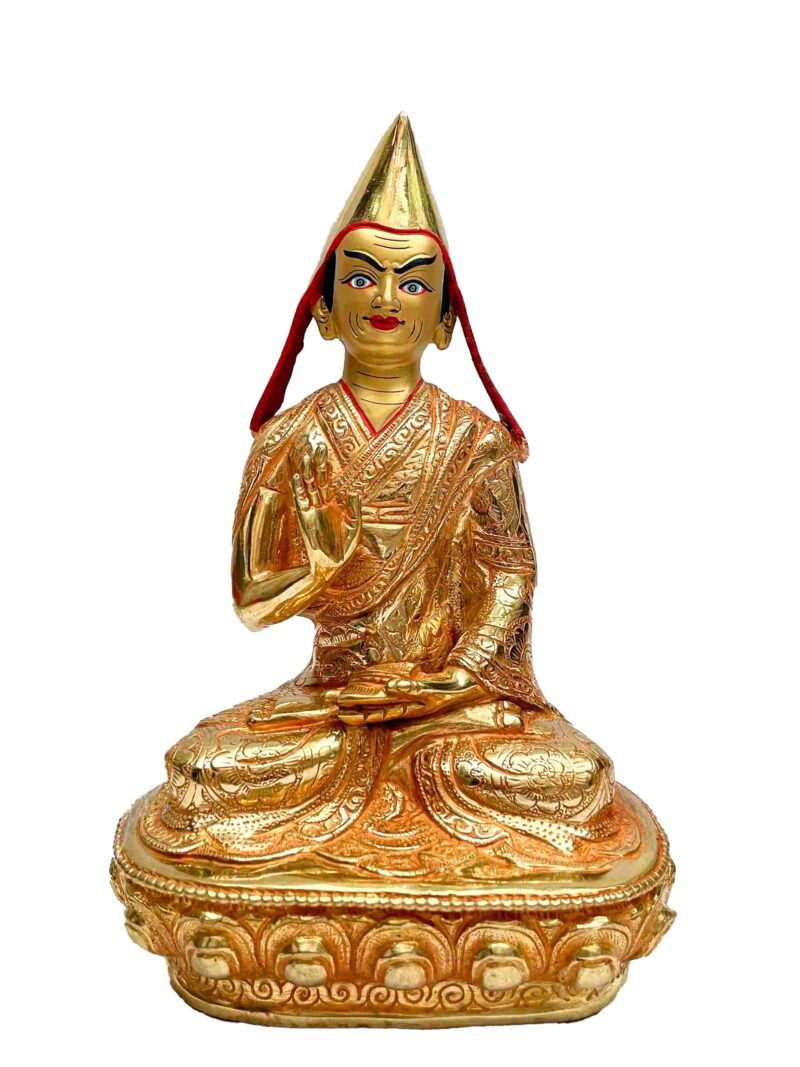 Buddhist Handmade Statue of Tsongkhapa – Full Fire Gold Plated with Gold-Painted Face - Image 3