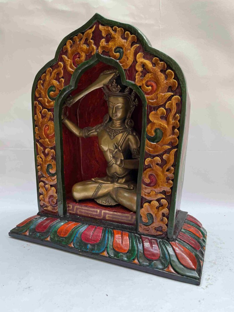 Buddhist Handmade Statue of Manjushri – Full Gold Plated, Stone Setting, Face Painted - Image 4