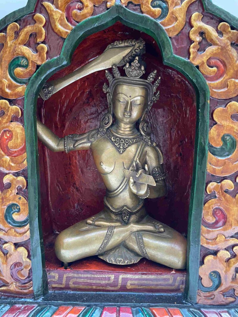 Buddhist Handmade Statue of Manjushri – Full Gold Plated, Stone Setting, Face Painted - Image 5