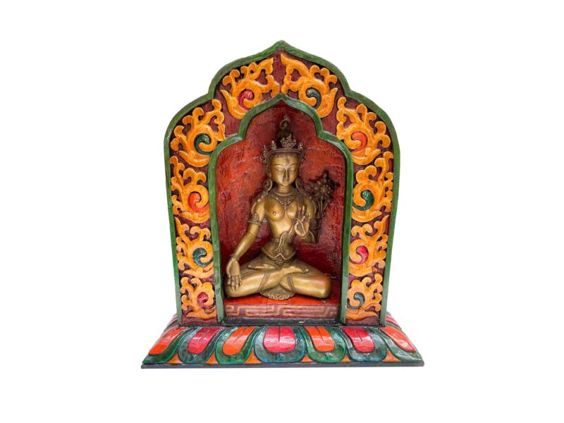 Buddhist Handmade Statue of White Tara – Full Gold Plated, Stone Setting, Face Painted with Wooden Altar