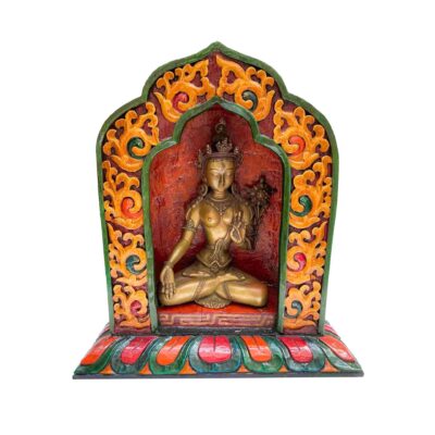 Buddhist Handmade Statue of White Tara – Full Gold Plated, Stone Setting, Face Painted with Wooden Altar