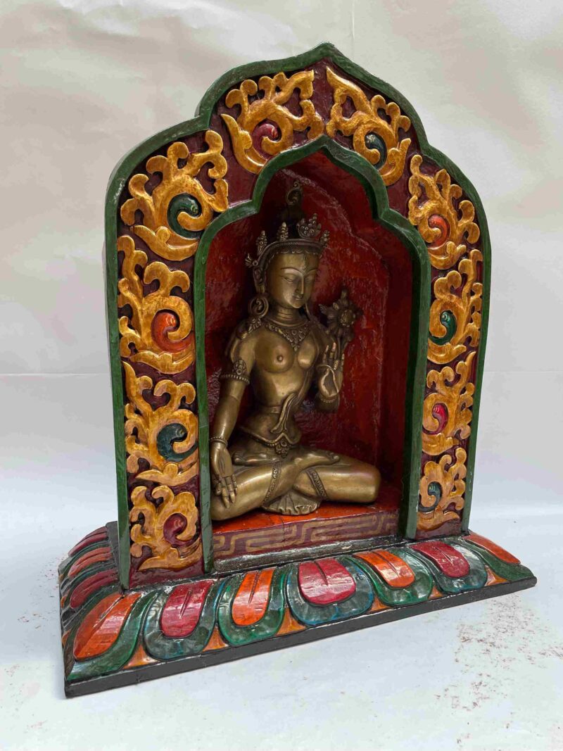 Buddhist Handmade Statue of White Tara – Full Gold Plated, Stone Setting, Face Painted with Wooden Altar - Image 2
