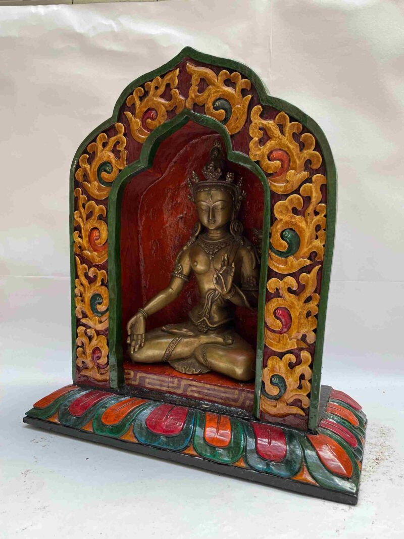 Buddhist Handmade Statue of White Tara – Full Gold Plated, Stone Setting, Face Painted with Wooden Altar - Image 4