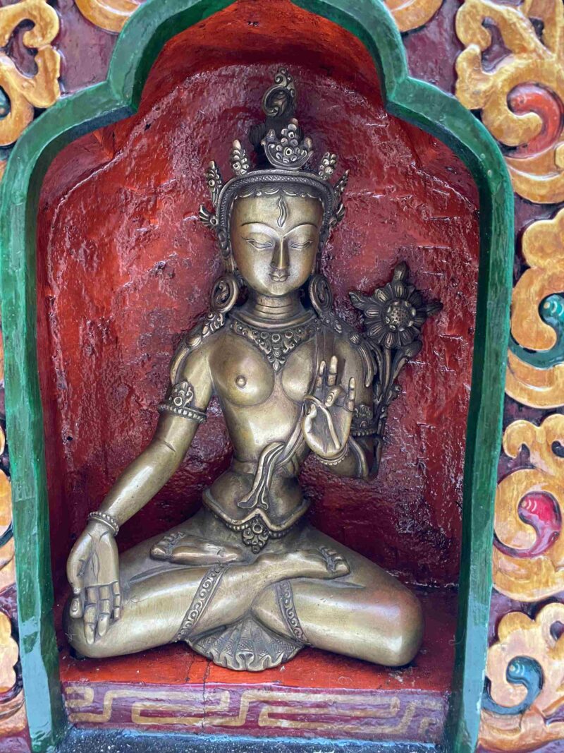 Buddhist Handmade Statue of White Tara – Full Gold Plated, Stone Setting, Face Painted with Wooden Altar - Image 3