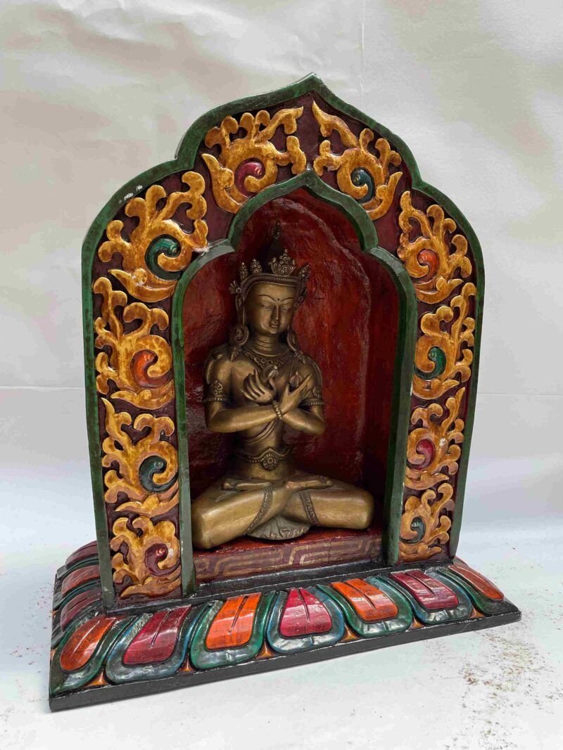 Buddhist Handmade Statue of Vajradhara – Full Gold Plated, Stone Setting, Face Painted with Wooden Altar - Image 2
