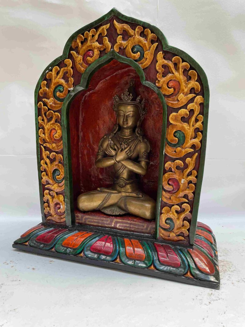 Buddhist Handmade Statue of Vajradhara – Full Gold Plated, Stone Setting, Face Painted with Wooden Altar - Image 4