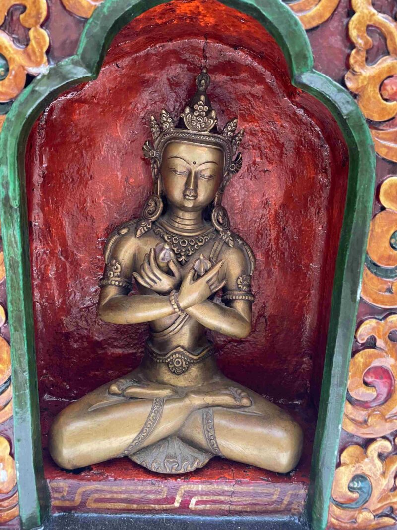 Buddhist Handmade Statue of Vajradhara – Full Gold Plated, Stone Setting, Face Painted with Wooden Altar - Image 3