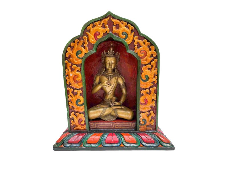 Buddhist Handmade Statue of Vajrasattva – Full Gold Plated, Stone Setting, Face Painted with Wooden Altar