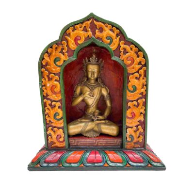 Buddhist Handmade Statue of Vajrasattva – Full Gold Plated, Stone Setting, Face Painted with Wooden Altar