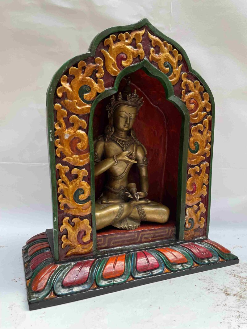 Buddhist Handmade Statue of Vajrasattva – Full Gold Plated, Stone Setting, Face Painted with Wooden Altar - Image 2