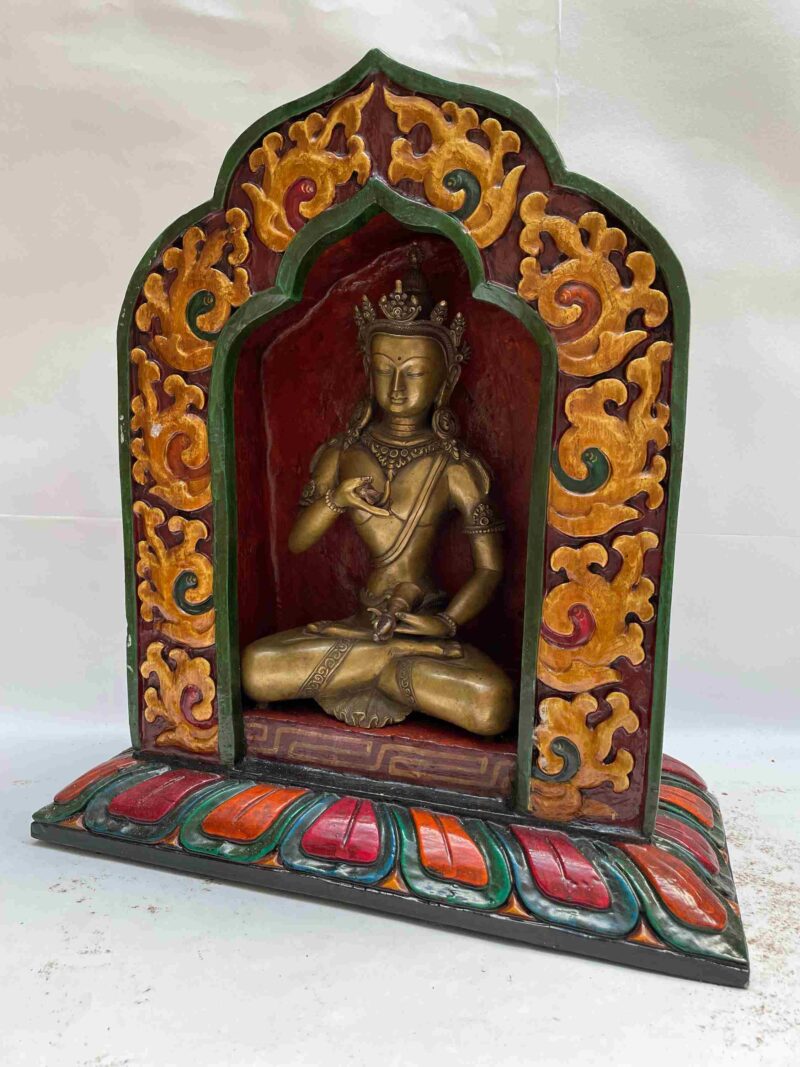 Buddhist Handmade Statue of Vajrasattva – Full Gold Plated, Stone Setting, Face Painted with Wooden Altar - Image 4