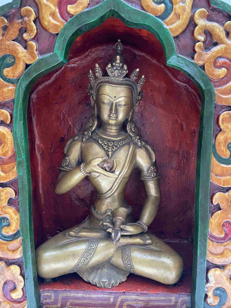 Buddhist Handmade Statue of Vajrasattva – Full Gold Plated, Stone Setting, Face Painted with Wooden Altar - Image 3