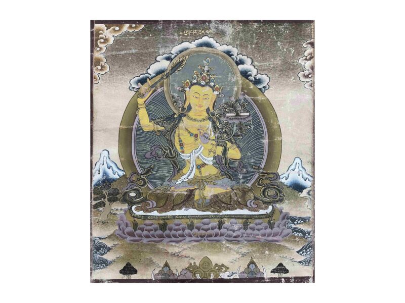 Old, Buddhist Handmade Thangka of Manjushri – Hand Painted, Real Gold