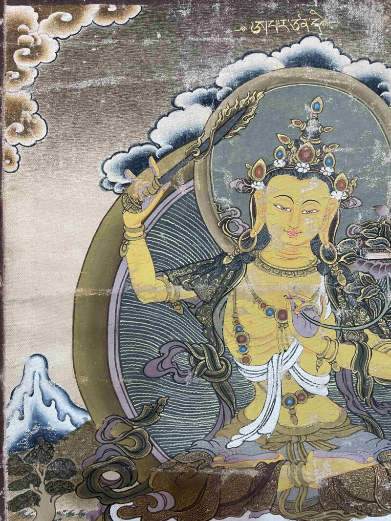 Old, Buddhist Handmade Thangka of Manjushri – Hand Painted, Real Gold - Image 2