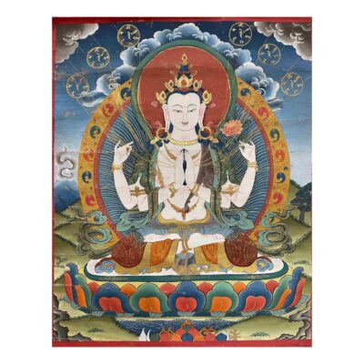 Buddhist Handmade Thangka of Chenrezig – Hand Painted with Real Gold
