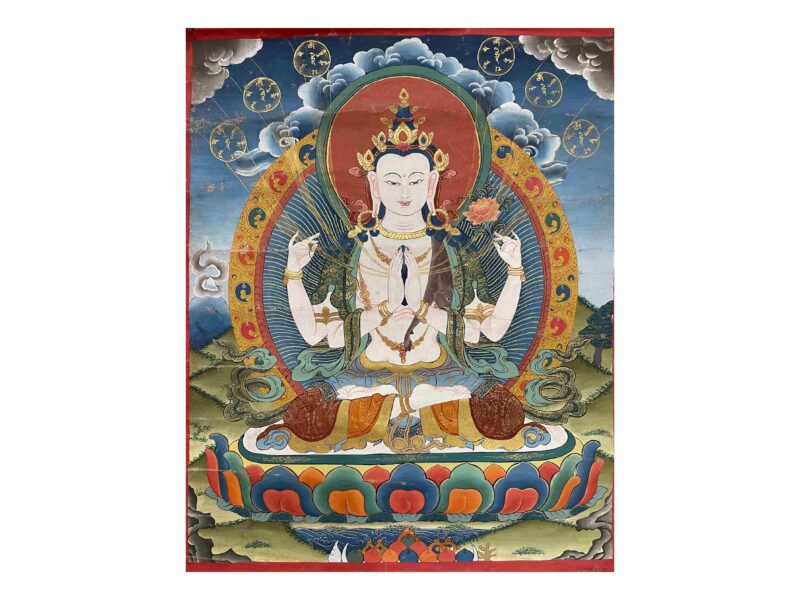 Buddhist Handmade Thangka of Chenrezig – Hand Painted with Real Gold