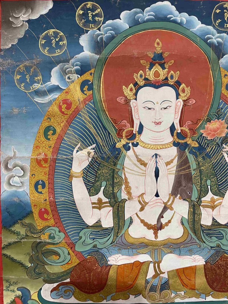 Buddhist Handmade Thangka of Chenrezig – Hand Painted with Real Gold - Image 2