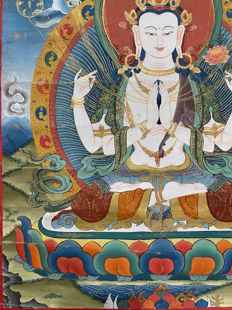 Buddhist Handmade Thangka of Chenrezig – Hand Painted with Real Gold - Image 4