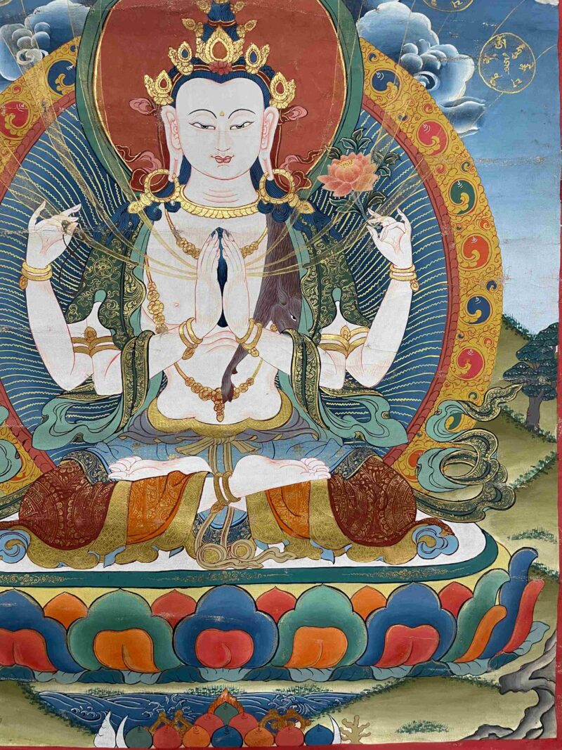 Buddhist Handmade Thangka of Chenrezig – Hand Painted with Real Gold - Image 3