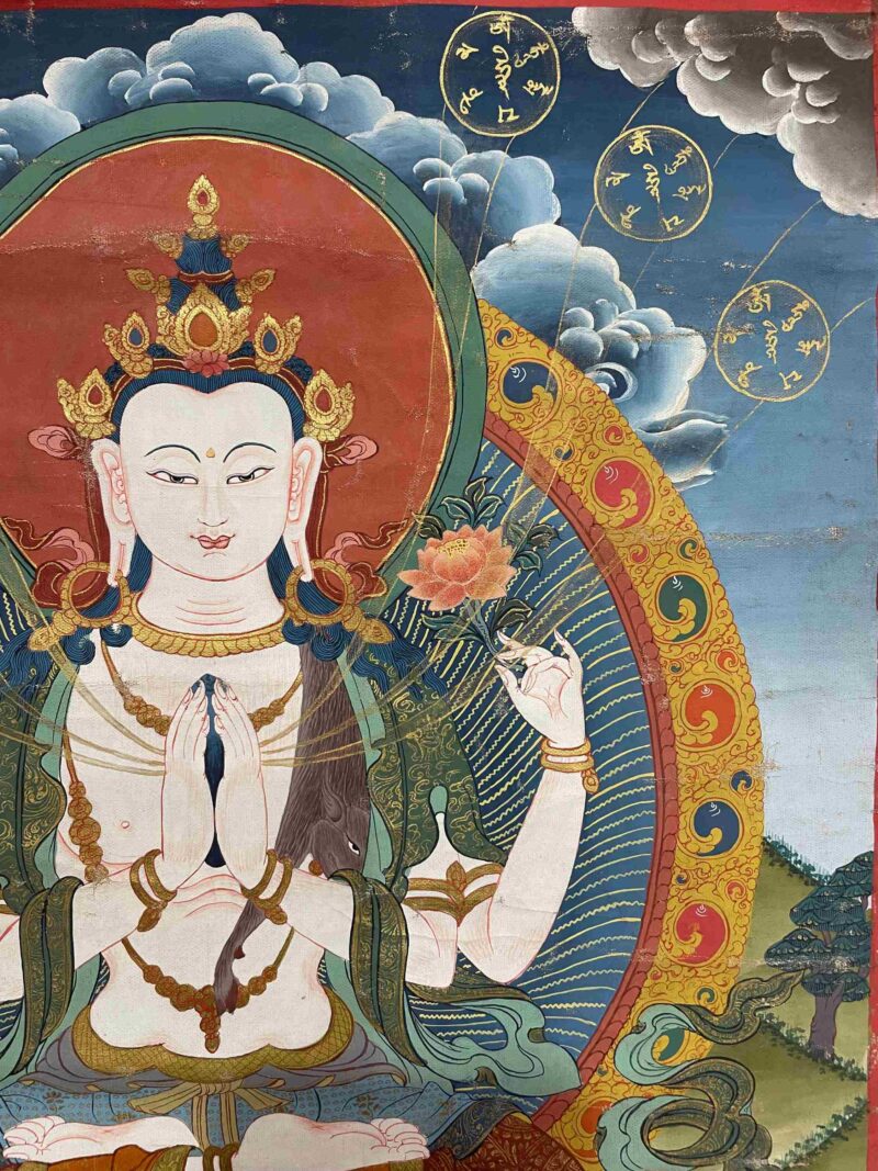 Buddhist Handmade Thangka of Chenrezig – Hand Painted with Real Gold - Image 6